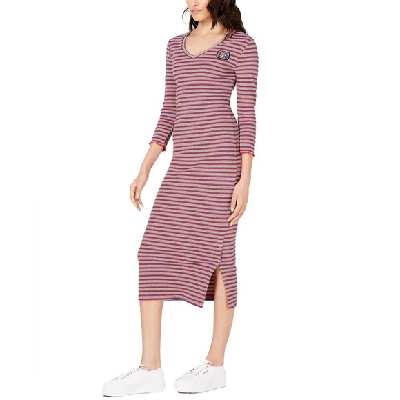 Juicy Couture Womens Midi Dress Multicolored Stripe Rib Knit Side Slit Small - Picture 1 of 9